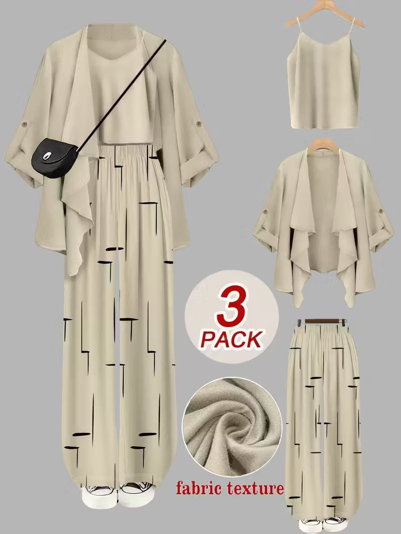 Women's fashionable and casual style set featuring a chiffon shawl and inner strappy printed pants, a daily casual 3pcs set
