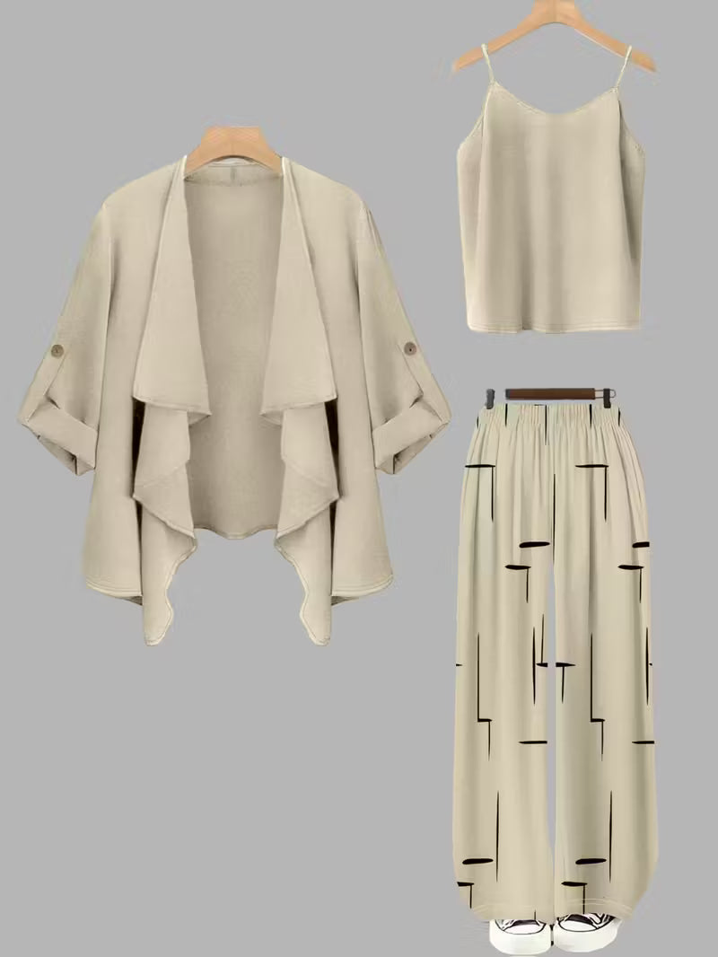 Women's fashionable and casual style set featuring a chiffon shawl and inner strappy printed pants, a daily casual 3pcs set
