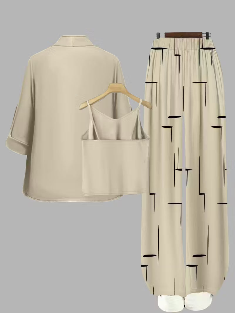 Women's fashionable and casual style set featuring a chiffon shawl and inner strappy printed pants, a daily casual 3pcs set