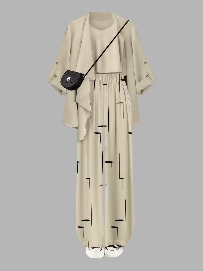 Women's fashionable and casual style set featuring a chiffon shawl and inner strappy printed pants, a daily casual 3pcs set