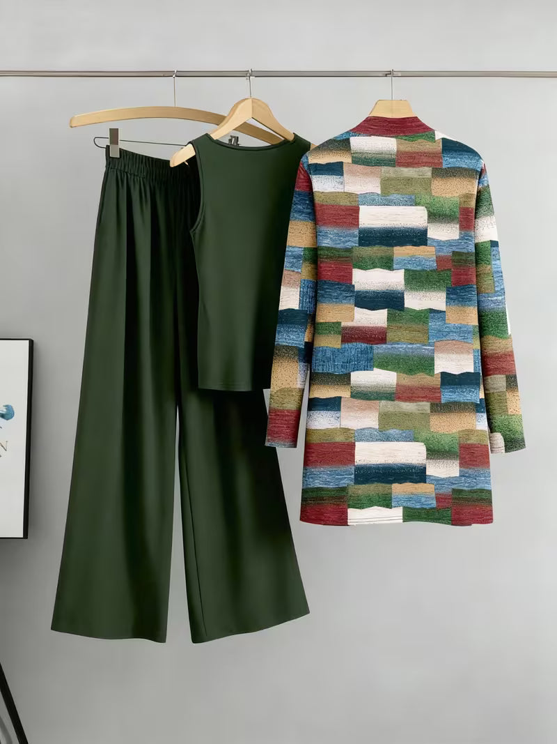 Women's fashionable and casual style set featuring a chiffon shawl and inner strappy printed pants, a daily casual 3pcs set