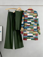 Women's fashionable and casual style set featuring a chiffon shawl and inner strappy printed pants, a daily casual 3pcs set