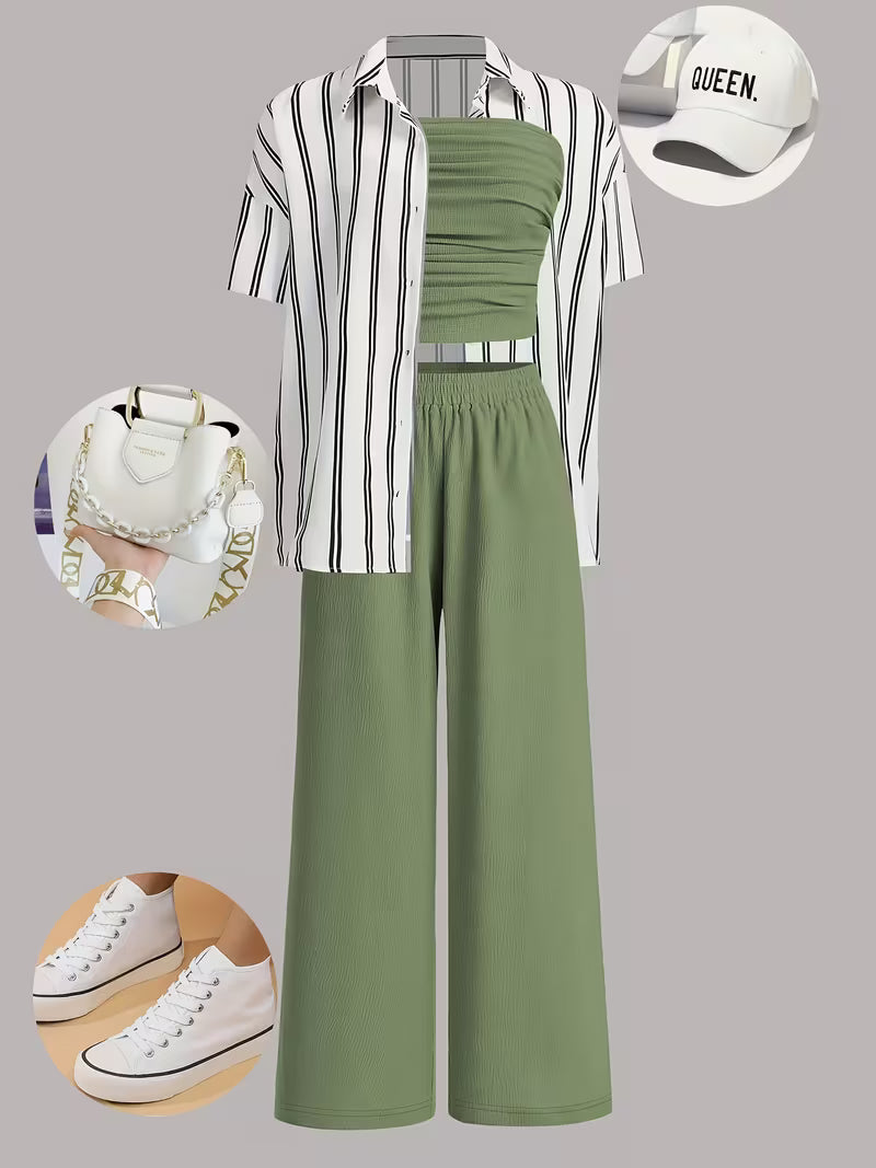 Women's fashionable and casual style set featuring a chiffon shawl and inner strappy printed pants, a daily casual 3pcs set