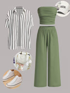 Women's fashionable and casual style set featuring a chiffon shawl and inner strappy printed pants, a daily casual 3pcs set