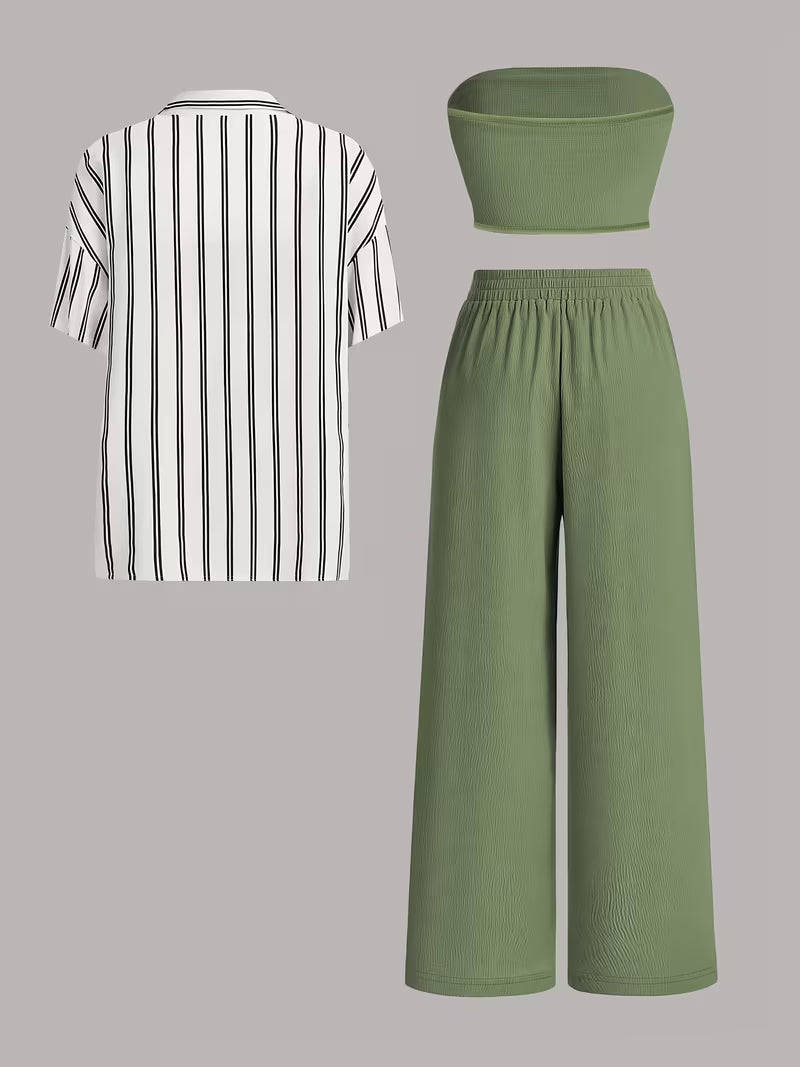 Women's fashionable and casual style set featuring a chiffon shawl and inner strappy printed pants, a daily casual 3pcs set