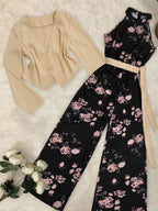 Women's fashionable and casual style set featuring a chiffon shawl and inner strappy printed pants, a daily casual 3pcs set