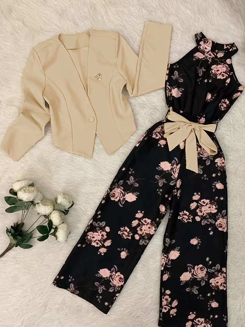 Women's fashionable and casual style set featuring a chiffon shawl and inner strappy printed pants, a daily casual 3pcs set