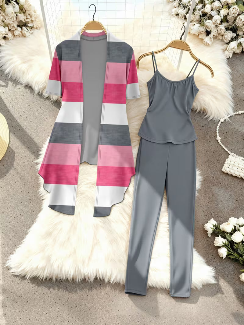 Women's fashionable and casual style set featuring a chiffon shawl and inner strappy printed pants, a daily casual 3pcs set