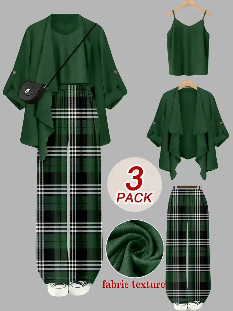Women's fashionable and casual style set featuring a chiffon shawl and inner strappy printed pants, a daily casual 3pcs set