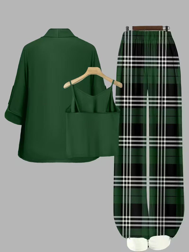 Women's fashionable and casual style set featuring a chiffon shawl and inner strappy printed pants, a daily casual 3pcs set