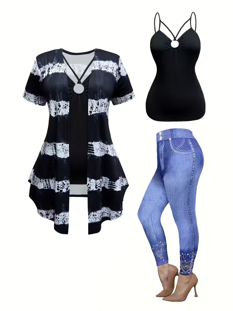 Women's fashionable and casual style set featuring a chiffon shawl and inner strappy printed pants, a daily casual 3pcs set