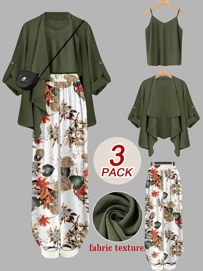 Women's fashionable and casual style set featuring a chiffon shawl and inner strappy printed pants, a daily casual 3pcs set