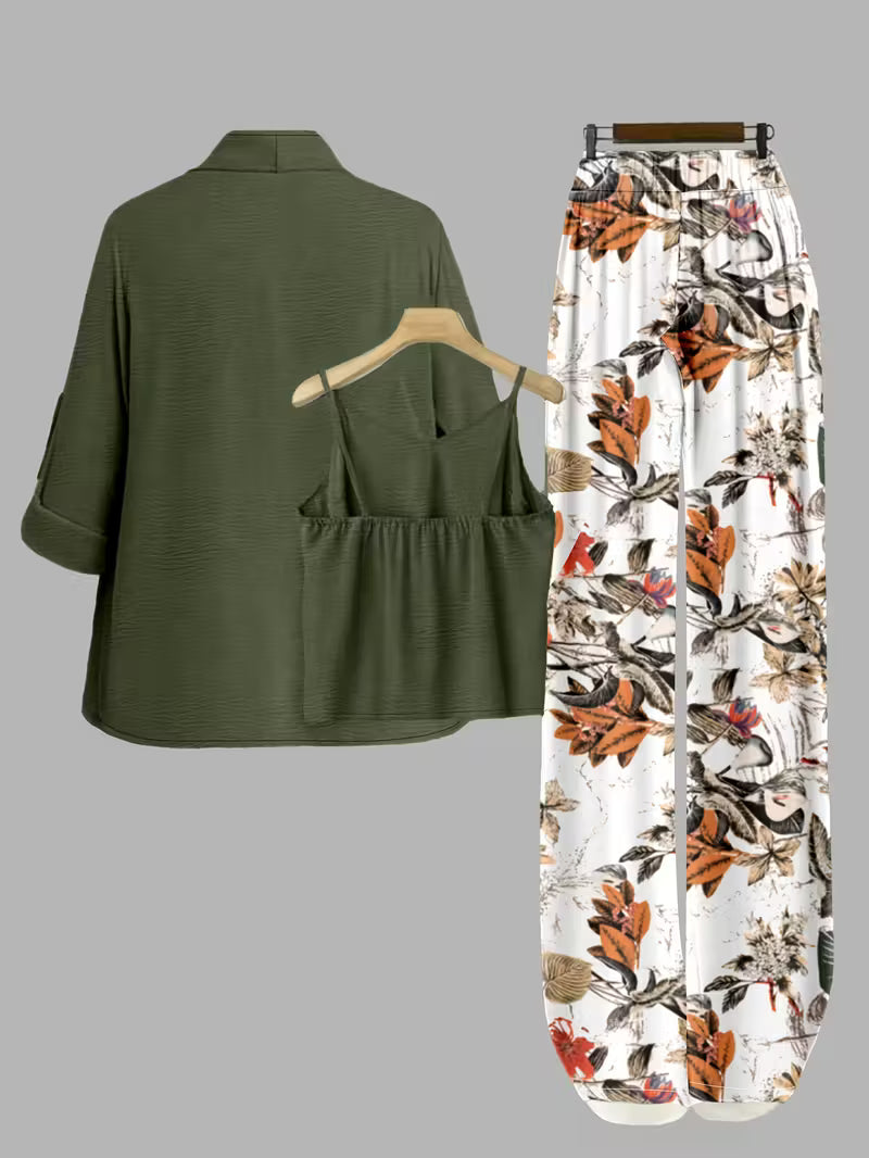 Women's fashionable and casual style set featuring a chiffon shawl and inner strappy printed pants, a daily casual 3pcs set
