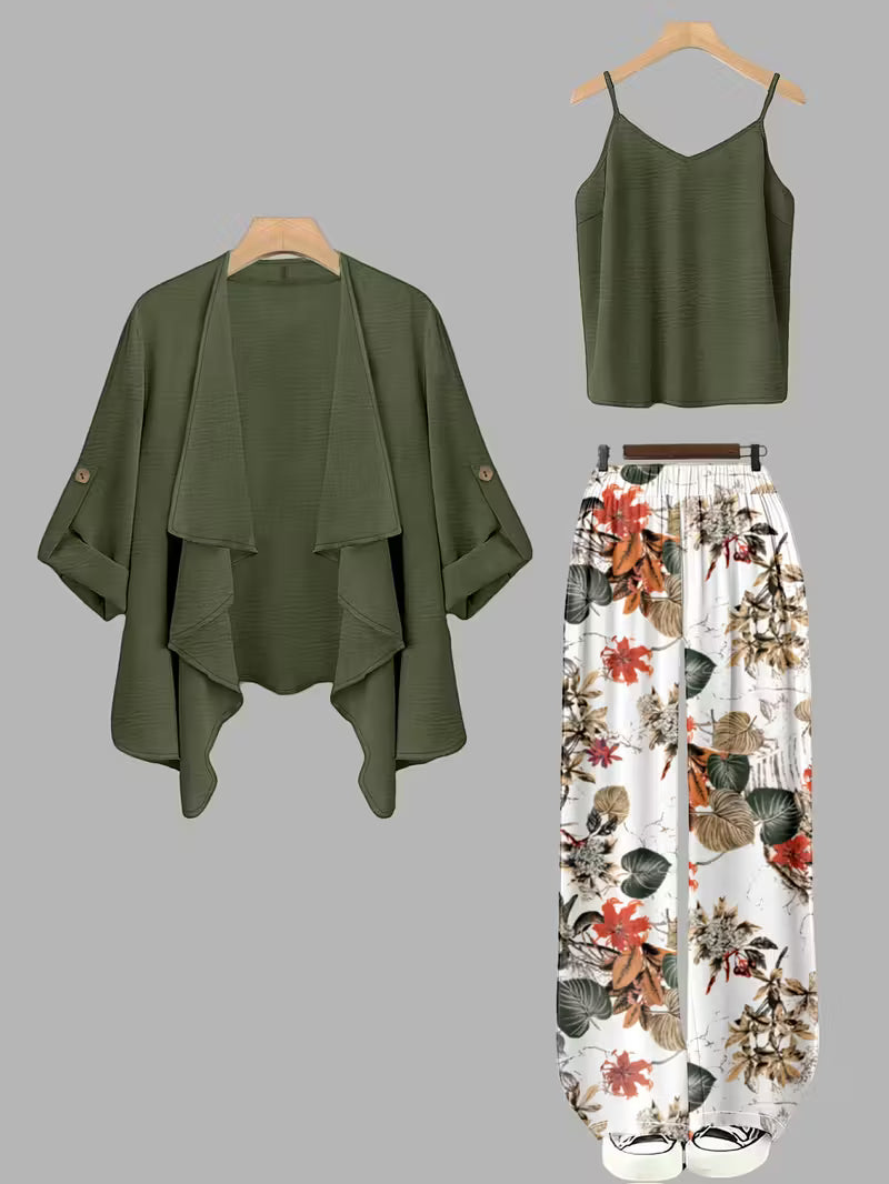 Women's fashionable and casual style set featuring a chiffon shawl and inner strappy printed pants, a daily casual 3pcs set