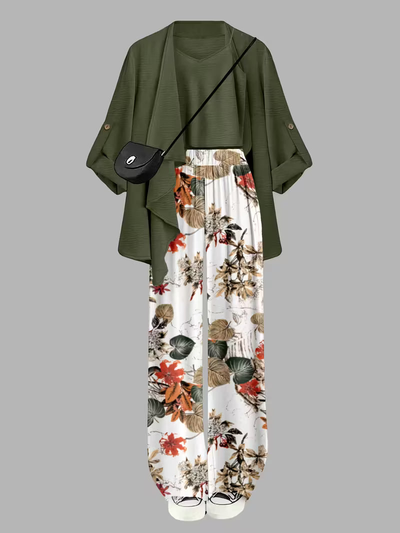 Women's fashionable and casual style set featuring a chiffon shawl and inner strappy printed pants, a daily casual 3pcs set