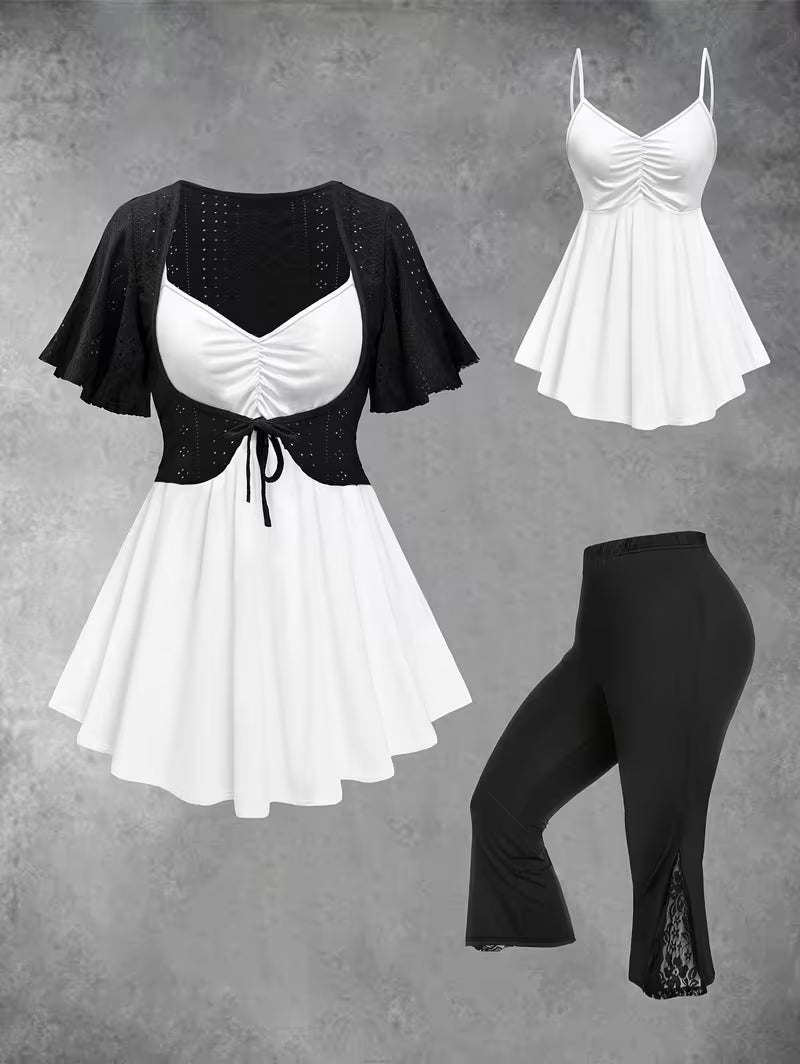 Women's fashionable and casual style set featuring a chiffon shawl and inner strappy printed pants, a daily casual 3pcs set