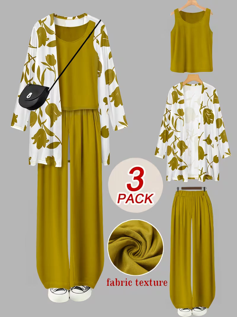 Women's fashionable and casual style set featuring a chiffon shawl and inner strappy printed pants, a daily casual 3pcs set