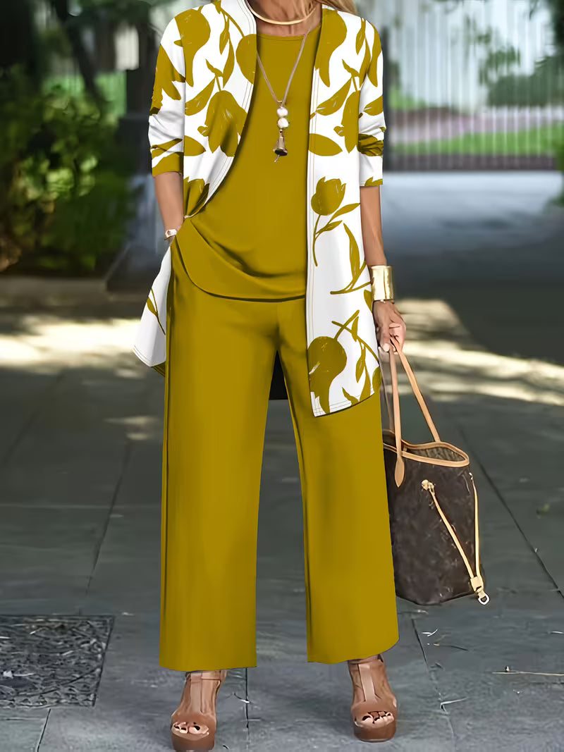 Women's fashionable and casual style set featuring a chiffon shawl and inner strappy printed pants, a daily casual 3pcs set