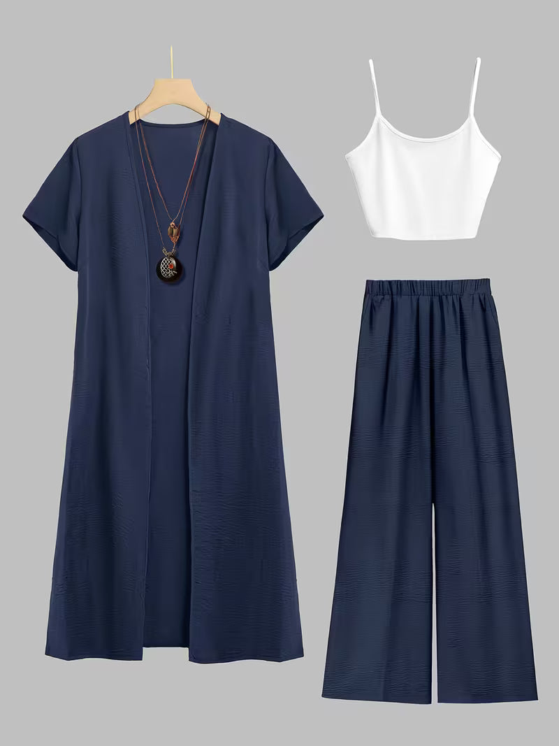 Women's fashionable and casual style set featuring a chiffon shawl and inner strappy printed pants, a daily casual 3pcs set