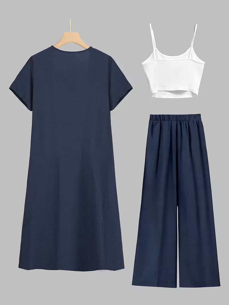 Women's fashionable and casual style set featuring a chiffon shawl and inner strappy printed pants, a daily casual 3pcs set