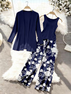 Women's fashionable and casual style set featuring a chiffon shawl and inner strappy printed pants, a daily casual 3pcs set