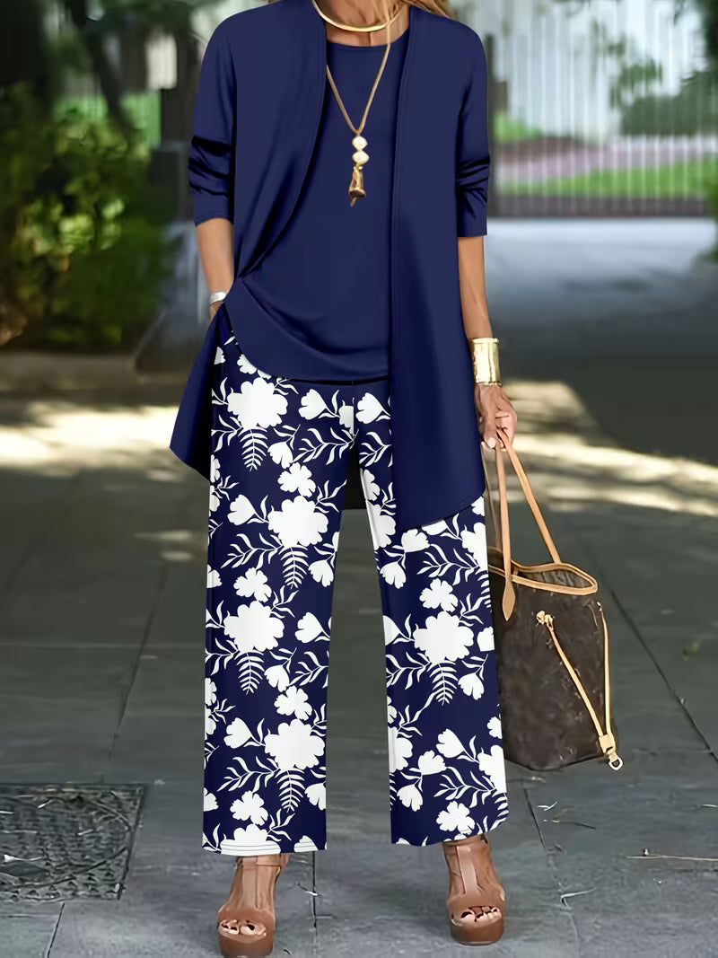 Women's fashionable and casual style set featuring a chiffon shawl and inner strappy printed pants, a daily casual 3pcs set
