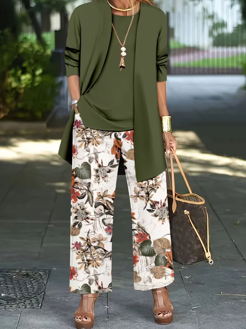 Women's fashionable and casual style set featuring a chiffon shawl and inner strappy printed pants, a daily casual 3pcs set