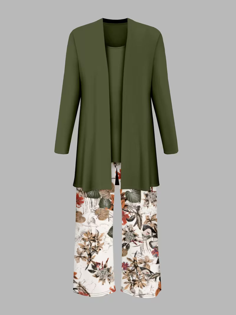 Women's fashionable and casual style set featuring a chiffon shawl and inner strappy printed pants, a daily casual 3pcs set