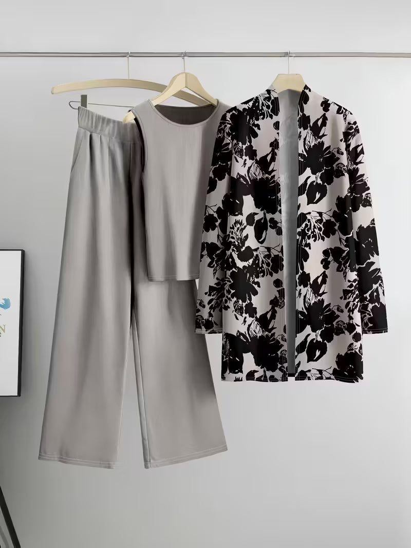 Women's fashionable and casual style set featuring a chiffon shawl and inner strappy printed pants, a daily casual 3pcs set