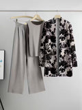 Women's fashionable and casual style set featuring a chiffon shawl and inner strappy printed pants, a daily casual 3pcs set