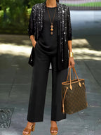 Women's fashionable and casual style set featuring a chiffon shawl and inner strappy printed pants, a daily casual 3pcs set