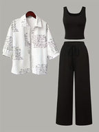 Women's fashionable and casual style set featuring a chiffon shawl and inner strappy printed pants, a daily casual 3pcs set