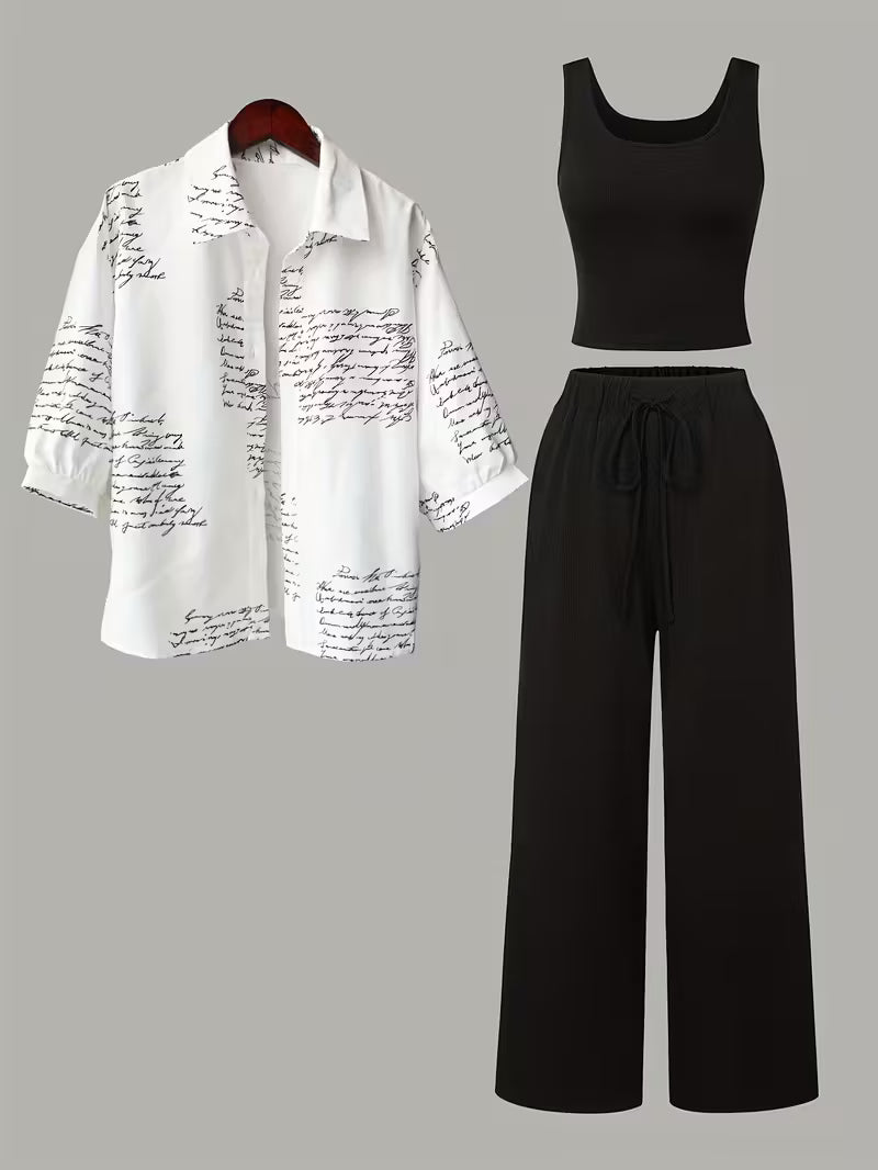 Women's fashionable and casual style set featuring a chiffon shawl and inner strappy printed pants, a daily casual 3pcs set