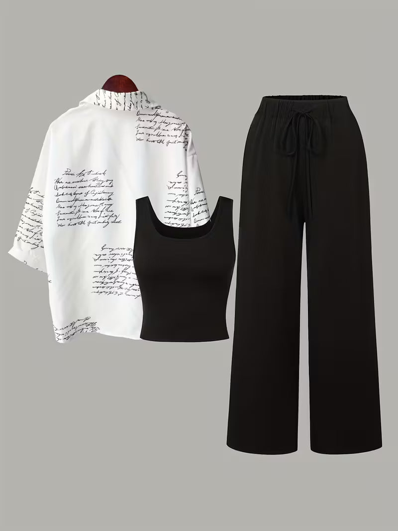 Women's fashionable and casual style set featuring a chiffon shawl and inner strappy printed pants, a daily casual 3pcs set