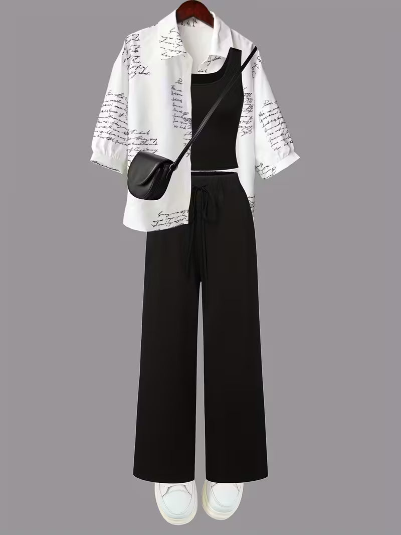Women's fashionable and casual style set featuring a chiffon shawl and inner strappy printed pants, a daily casual 3pcs set