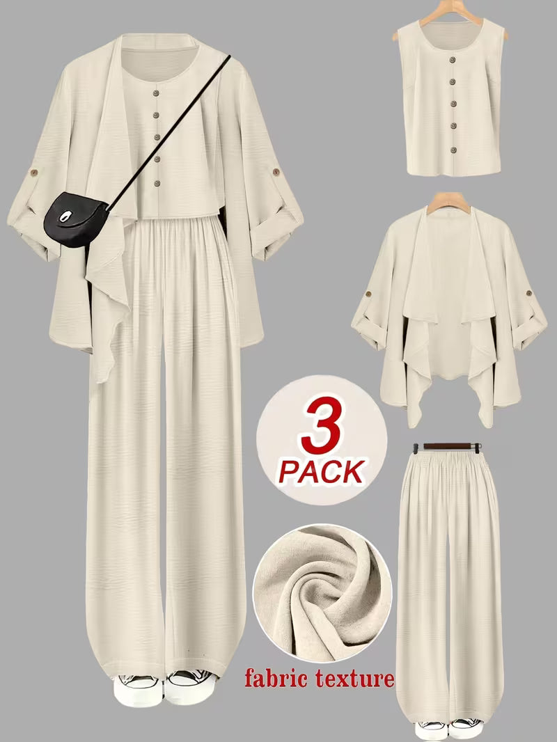 Women's fashionable and casual style set featuring a chiffon shawl and inner strappy printed pants, a daily casual 3pcs set