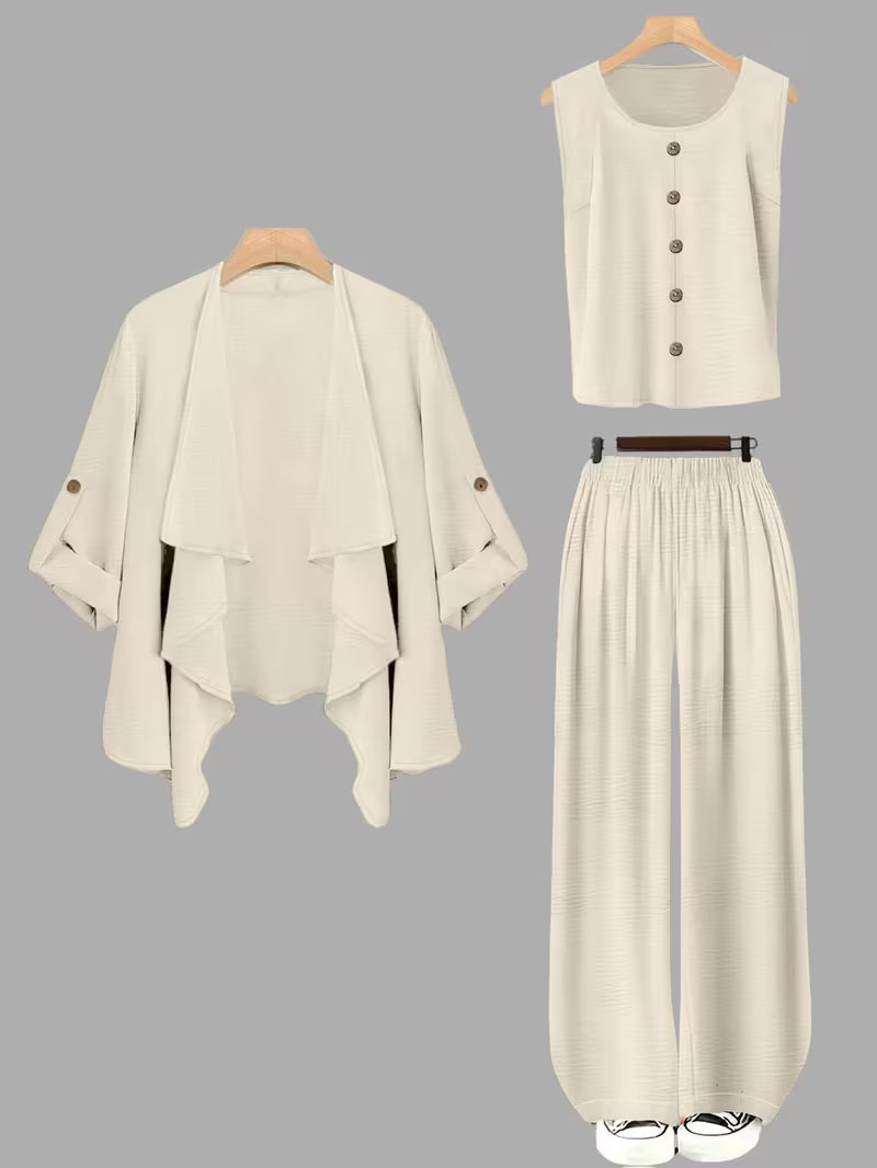 Women's fashionable and casual style set featuring a chiffon shawl and inner strappy printed pants, a daily casual 3pcs set