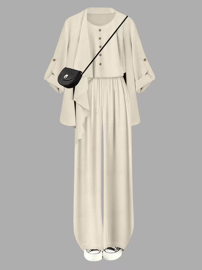 Women's fashionable and casual style set featuring a chiffon shawl and inner strappy printed pants, a daily casual 3pcs set