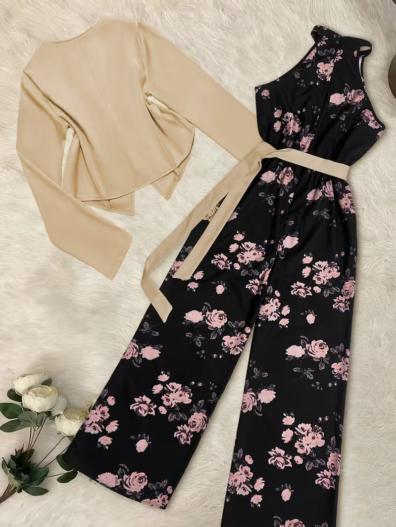 Women's fashionable and casual style set featuring a chiffon shawl and inner strappy printed pants, a daily casual 3pcs set