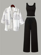 Women's fashionable and casual style set featuring a chiffon shawl and inner strappy printed pants, a daily casual 3pcs set