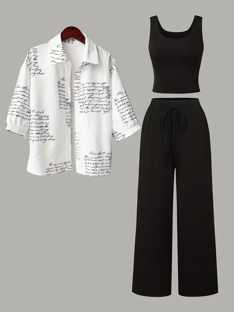 Women's fashionable and casual style set featuring a chiffon shawl and inner strappy printed pants, a daily casual 3pcs set