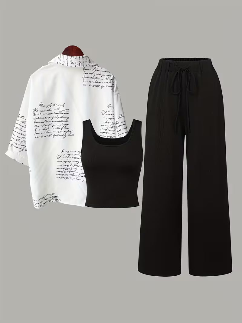 Women's fashionable and casual style set featuring a chiffon shawl and inner strappy printed pants, a daily casual 3pcs set