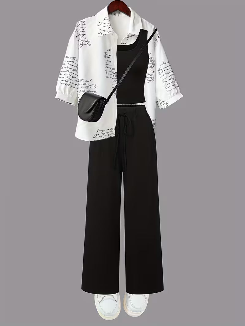 Women's fashionable and casual style set featuring a chiffon shawl and inner strappy printed pants, a daily casual 3pcs set