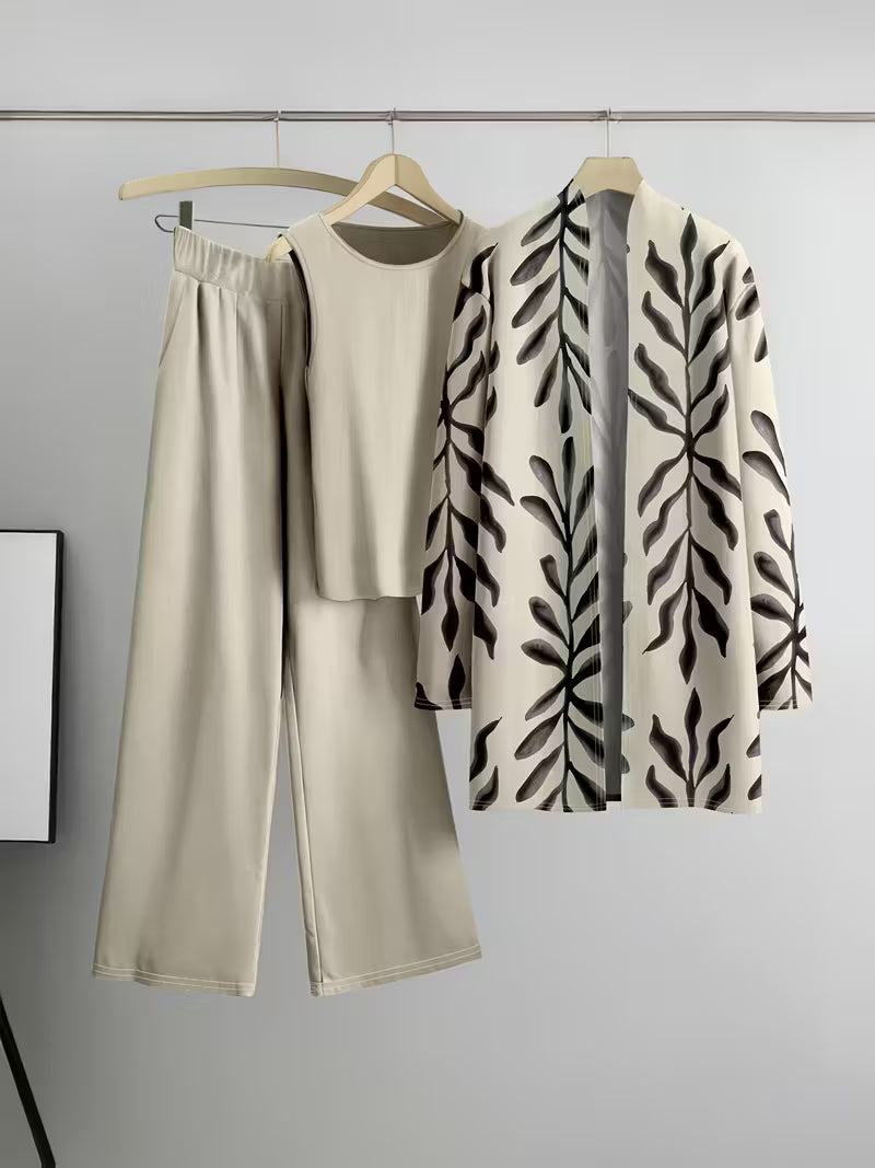 Women's fashionable and casual style set featuring a chiffon shawl and inner strappy printed pants, a daily casual 3pcs set