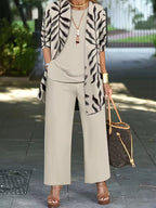 Women's fashionable and casual style set featuring a chiffon shawl and inner strappy printed pants, a daily casual 3pcs set