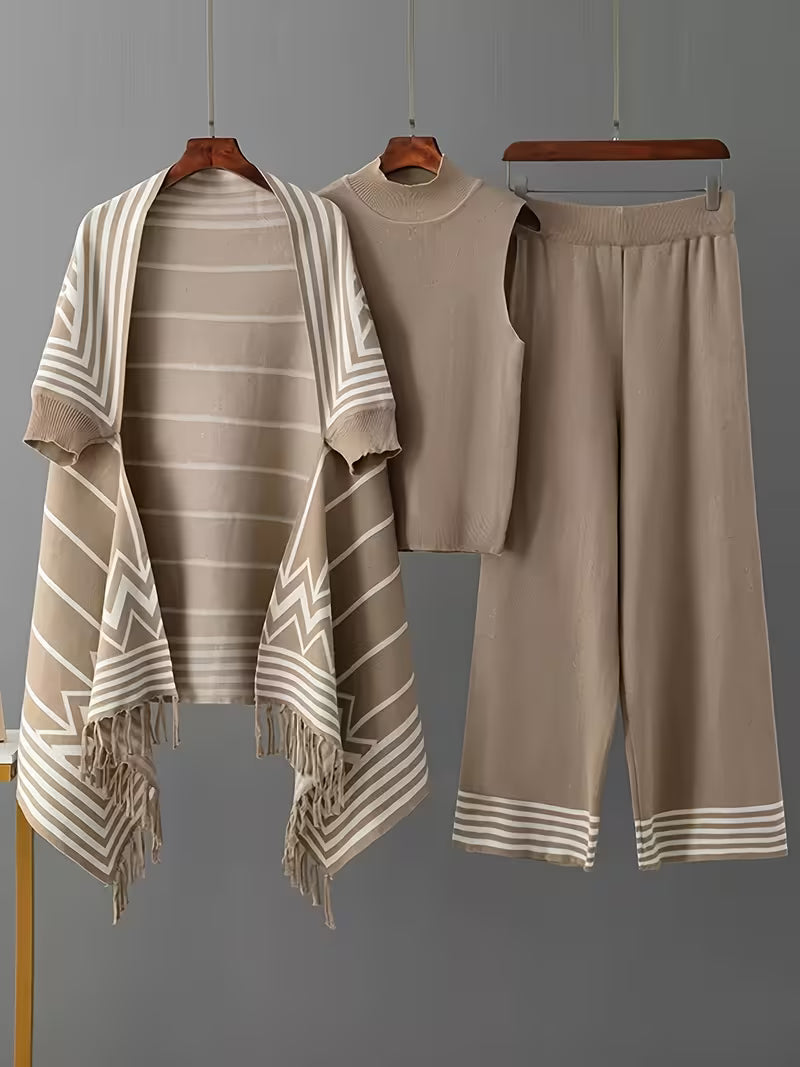 Women's fashionable and casual style set featuring a chiffon shawl and inner strappy printed pants, a daily casual 3pcs set