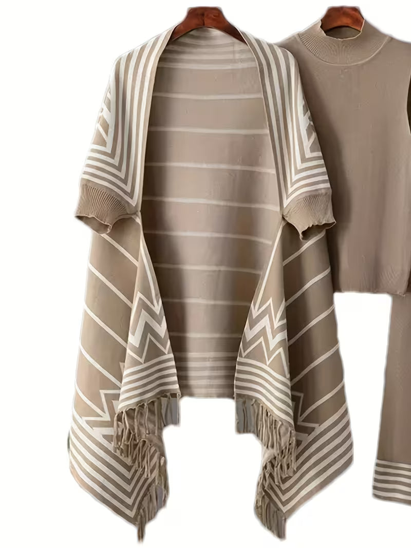 Women's fashionable and casual style set featuring a chiffon shawl and inner strappy printed pants, a daily casual 3pcs set