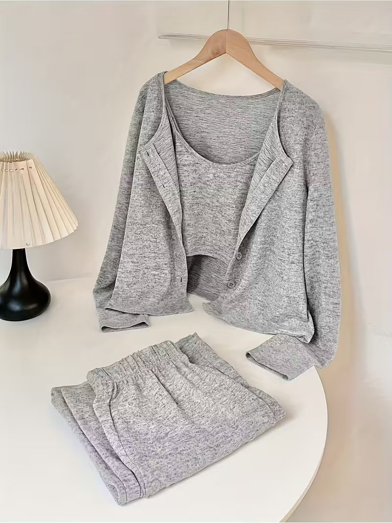 Women's fashionable and casual style set featuring a chiffon shawl and inner strappy printed pants, a daily casual 3pcs set