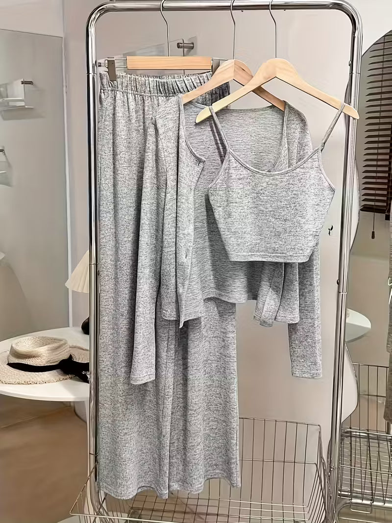 Women's fashionable and casual style set featuring a chiffon shawl and inner strappy printed pants, a daily casual 3pcs set