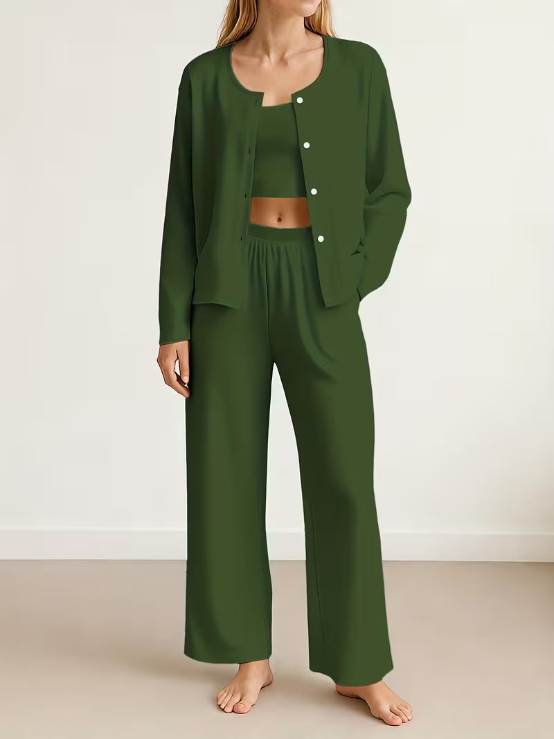 Women's fashionable and casual style set featuring a chiffon shawl and inner strappy printed pants, a daily casual 3pcs set